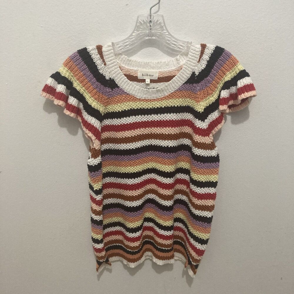 BOHME multicolor striped crew neck short flutter sleeves tight knit sweater XL